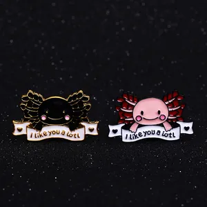 Creative zinc alloy axolotl enamel pins with I like you a lotl text on black background