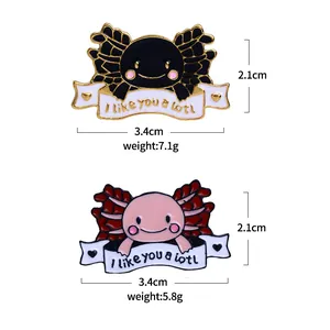 Creative axolotl enamel pins in pink and black with I like you a lotl slogan