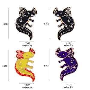 Cartoon axolotl enamel pin set in various colors with size and weight measurements