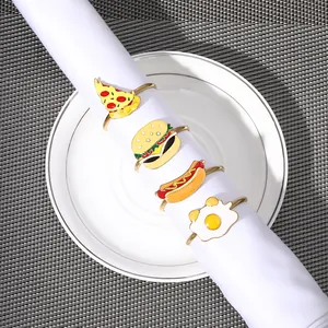 Cartoon fast food napkin rings set with burger pizza hot dog and egg designs