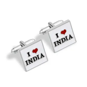 Gemelli da polso quadrati in argento con scritta I Love India per camicie da uomo