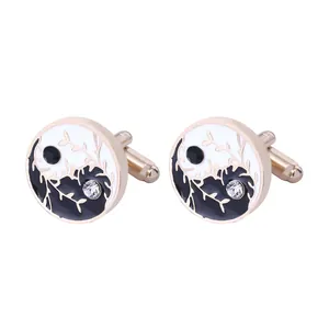 Boutons de manchette Yin Yang classiques en or rose avec émail noir et blanc élégant