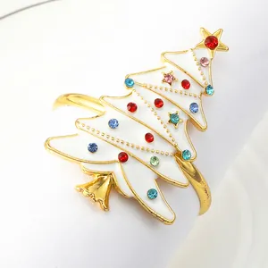 White Christmas Tree Napkin Rings For Table Decoration Gold Enamel Napkin Holder With Rhinestones Festive Party Supplies