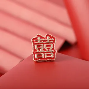 Luxury Alloy Enamel Chinese Character Brooch Pin For Bags Clothes Red Gold Tone Blessing Message Jewelry Gift For Celebration