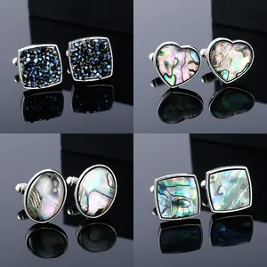 Men's square French cufflinks with colorful abalone shell and dark crystal insets