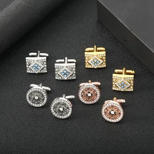 Luxury Men's Alloy Zirconia Cufflinks Geometric Square Round Rhinestone Business Shirt French Cufflinks Wedding Banquet Jewelry