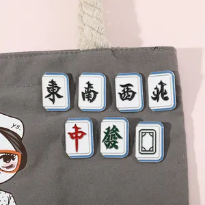Set of 7 Chinese Mahjong enamel pins with East West South North and Red Dragon icons