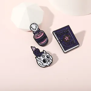 Gothic Alloy Enamel Brooch Pin Black Magic Book Potion Bottle Skull Candle Badge Halloween Party Witchcraft Accessories