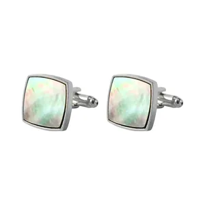 Square silver cufflinks with iridescent colorful shell inlay and bullet back closure