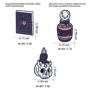 Gothic witch style enamel pins set featuring magic book, potion, and candle skull