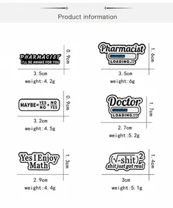 Detailed size chart of various science and math themed alloy soft enamel brooches