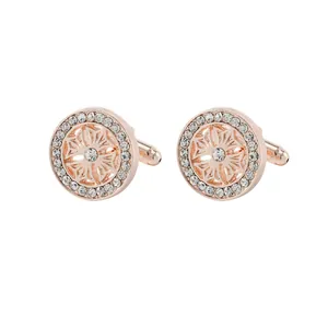 Elegant rose gold round cufflinks with zircon stones and hollow floral shirt accessories