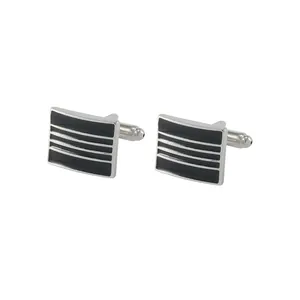 Business men's cufflinks in silver and black metal with rectangle geometric design