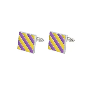 Square silver cufflinks with purple and yellow striped enamel and bullet back closure