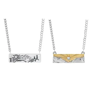 Best Friends sun and mountain pendant necklaces with rhinestones in silver and gold set
