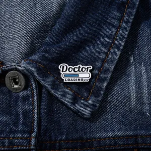Doctor Loading creative enamel brooch pin on denim jacket lapel with blue progress bar