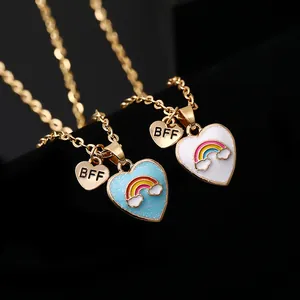 Collane con ciondolo a cuore arcobaleno BFF per ragazze con glitter blu e bianchi