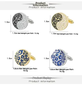 Vue détaillée de boutons de manchette ronds en émail 18mm avec motifs Tai Chi et volutes