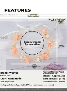 Detail showing 41cm adjustable circumference of handmade pearl floral headpiece for weddings