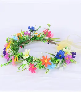 Top view of colorful floral crown with daisy petals and organza ribbon tie back