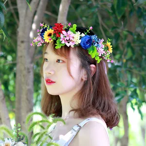 Detailed close-up of floral crown featuring sunflowers, roses, and berries for weddings