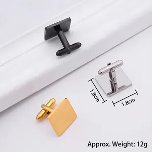 Detailed view of polished square cufflinks in black, silver, and gold with T-bar design