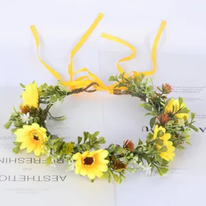 Handmade sunflower floral crown with yellow ribbons for bridal and children hair accessory