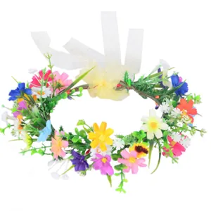 Handmade bridal floral crown with colorful daisy flowers and yellow ribbon bow