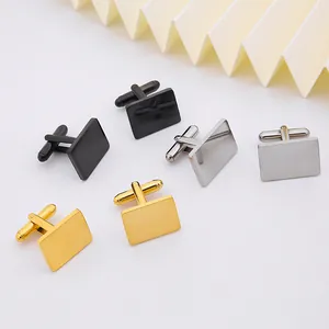 Polished rectangular metal cufflinks in black, silver, and gold for men's shirts