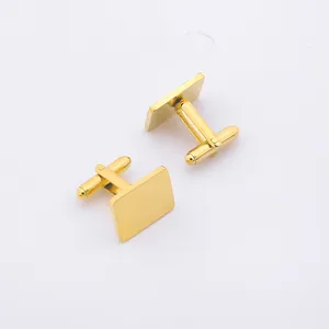 Macro shot of polished square gold cufflinks for men with classic T-link closure detail