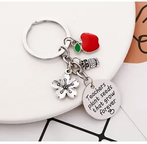 Vue détaillée du porte-clés pour enseignant avec charms pomme, hibou et médaillon gravé