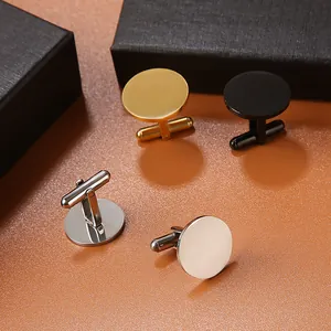 Polished round stainless steel cufflinks set in gold, black, silver, and gunmetal finishes