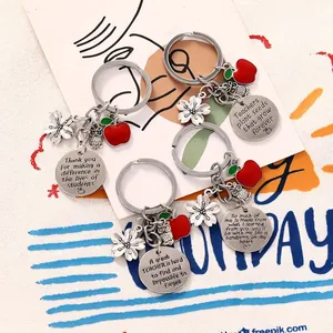 Porte-clés Cadeau de Remerciement pour Enseignants avec Pendentif Cœur Pomme en Émail Hibou Fleur Alliage Métallique pour Fête des Professeurs