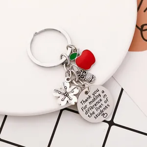 Porte-clés cadeau enseignant argenté avec pomme rouge, hibou et médaillon gravé