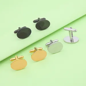 Polished round stainless steel cufflinks in black gold and silver colors set