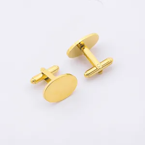 Polished gold oval cufflinks for men featuring classic bullet back closure on white background