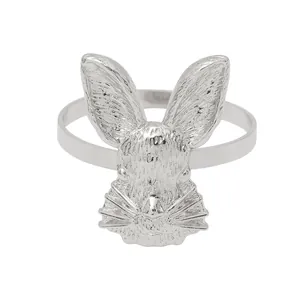 Silver metal rabbit napkin ring featuring detailed bunny head engraving for Easter table decor