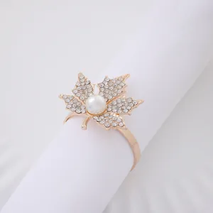 Elegant Gold Zinc Alloy Maple Leaf Napkin Ring Rhinestone Artificial Pearl Napkin Holder For Wedding Banquet Hotel Table Decor