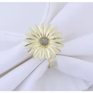 Detail shot of golden sunflower napkin ring featuring realistic textured petals and mesh core