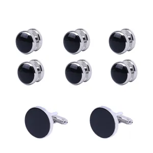 Men's French Style Round Enamel Cufflinks And Shirt Studs Set Silver Plated Alloy Black White Drip Oil Formal Business Wedding Jewelry Accessories