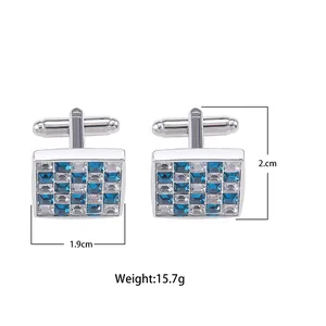 Macro view of square men's cufflinks with blue cubic zirconia and 1.9cm x 2.0cm dimensions