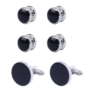 Classic silver-tone cufflinks and shirt studs set with elegant black enamel inlay
