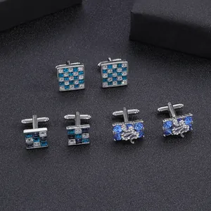 Three pairs of square men's silver cufflinks with blue zircon stones and dragon relief