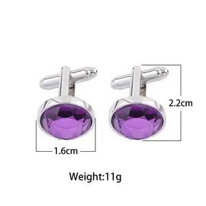 Detailed view of round purple crystal cufflinks with silver base and dimensions