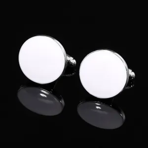 French style silver round cufflinks with white enamel inlay for men dress shirts