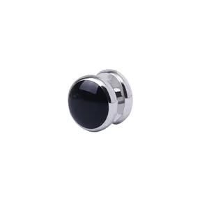 Minimalist black round enamel cufflink with silver metal base and polished finish