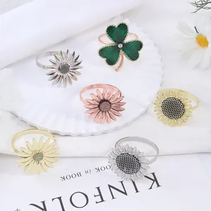 Metal Sunflower Daisy Clover Napkin Rings Set Gold Silver Enamel Napkin Buckles For Wedding Banquet Party Table Decoration