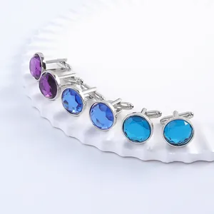 Elegant round crystal cufflinks set in silver-tone alloy for men's dress shirts