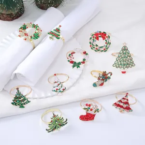 Christmas Napkin Rings Gold Alloy Enamel Rhinestone Tree Wreath Sock Snowflake Table Decorations For Wedding Party Xmas Home Decor