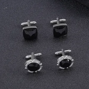 Silver square and round cufflinks set with black stones and micro-pave zircons for men